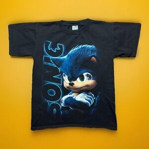 Vintage Sonic The Hedgehog Shirt Medium 2000s Y2K Video Game Movie Black AOP